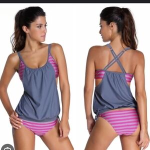 Amazon Gray and Pink Striped Bikini